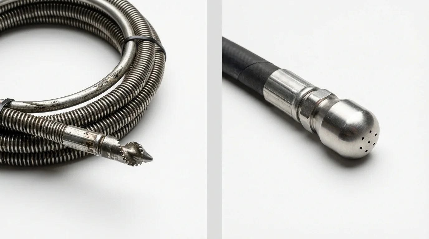 Drain snake cable and hydro jetting nozzle used for drain cleaning in Powderly, TX