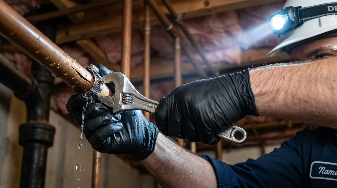 Emergency pipe clamp repair being performed by a Johns Plumbing LLC plumber in Powderly